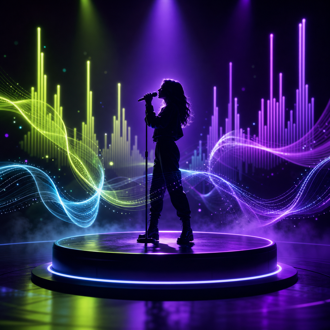 Singer silhouette surrounded by glowing audio waves on a violet stage
