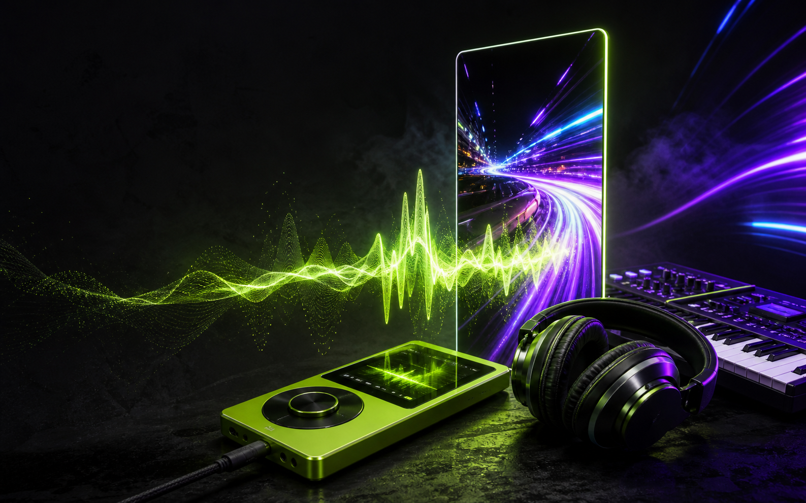 A neon audio waveform flowing into a music video scene beside headphones and a keyboard